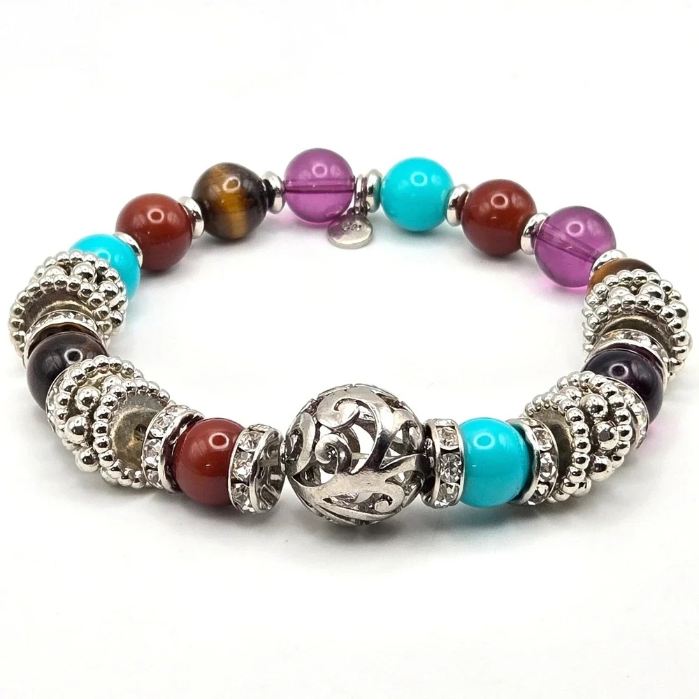 RJ Graziano Beaded Stretch‎ Bracelet Tiger's Eye and Multicolor Glass 10mm 16mm